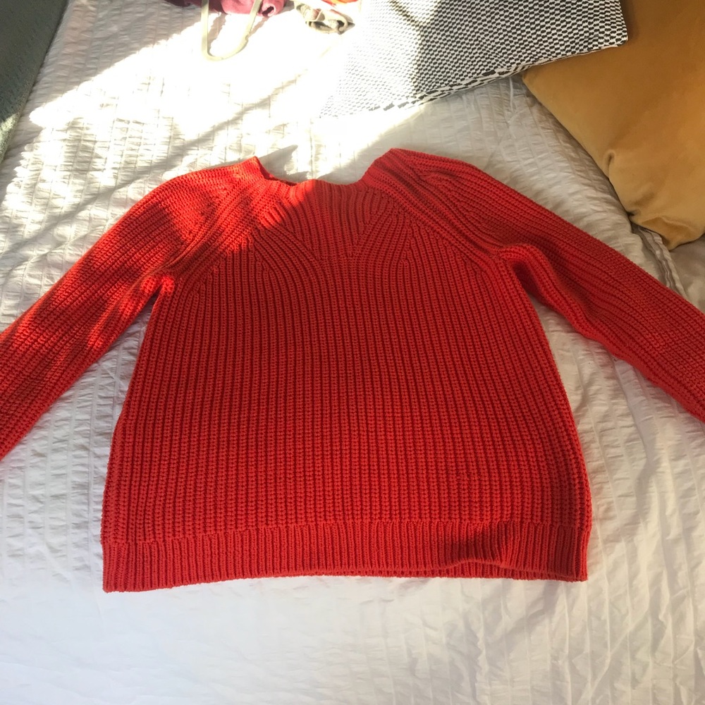 Red J. Crew cable knit cotton sweater size medium.